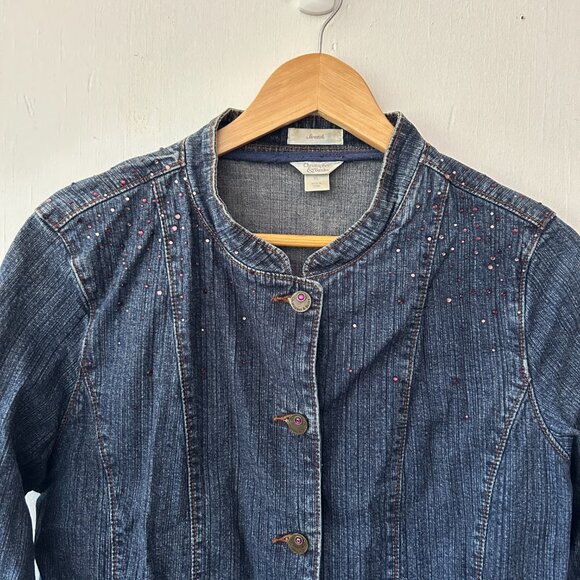 Christopher & Banks Denim Jacket Womens XL Stretch Rhinestones Button Front - Picture 2 of 8